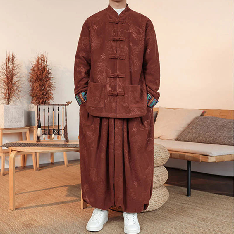 Buddha Stones 2Pcs Fall Winter Men's Tang Suit Dragon Frog-Button Cotton Long Sleeve Jacket Pants Set
