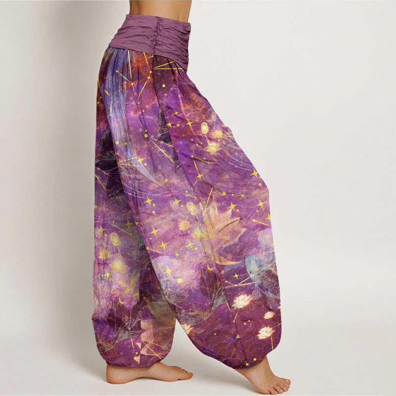 Buddha Stones Cotton Koi Fish Lotus Moon Stars Pattern Women's Elastic Waist Harem Pants