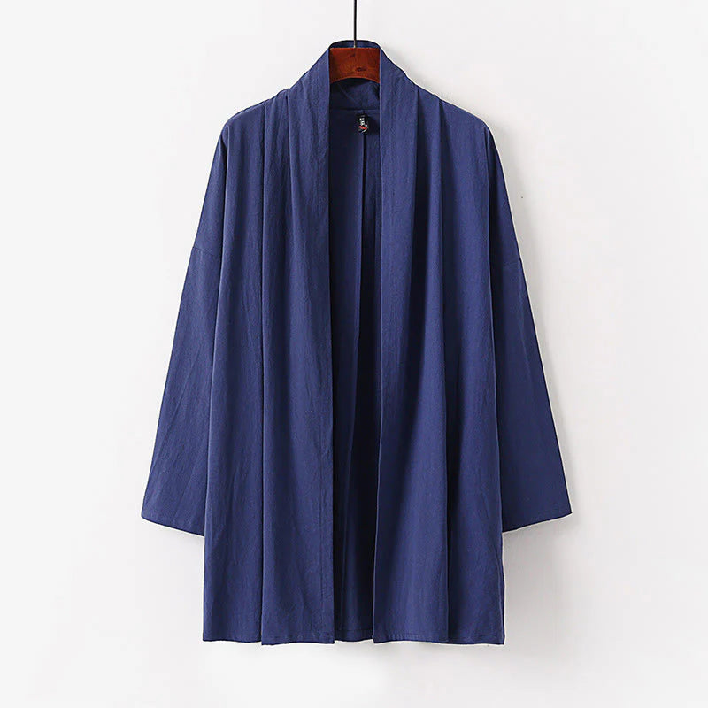 Buddha Stones Spring Fall Solid Color Long Sleeve Mid-length Open Front Men's Kimono