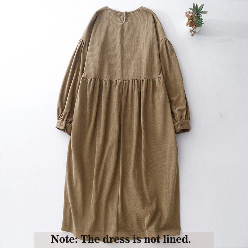 Buddha Stones Tan Solid Color Corduroy Puff Long Sleeve Midi Dress