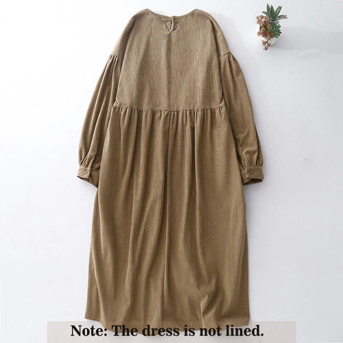 Buddha Stones Tan Solid Color Corduroy Puff Long Sleeve Midi Dress