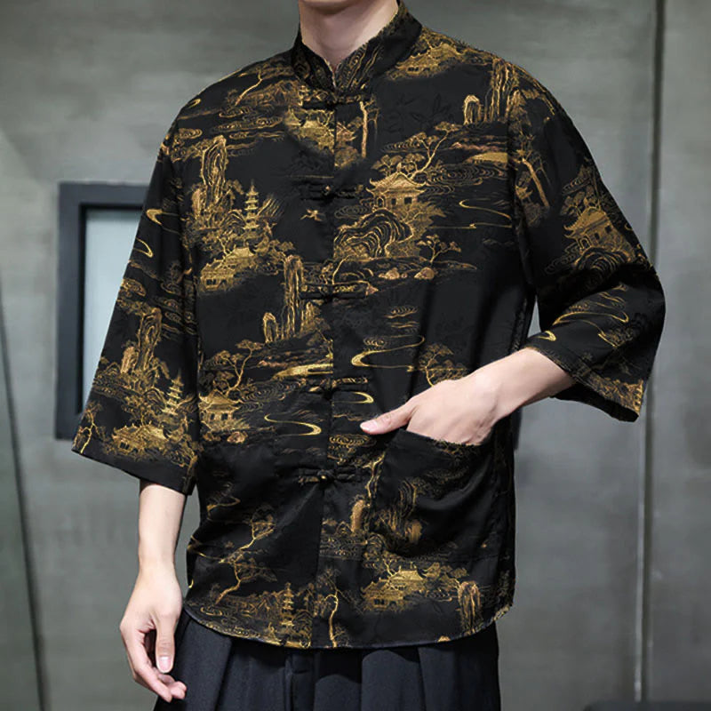 Buddha Stones Spring Frog-Button Dragon Mountain Flower Three Quarter Sleeve Tang Suit Men's Shirt With Pockets