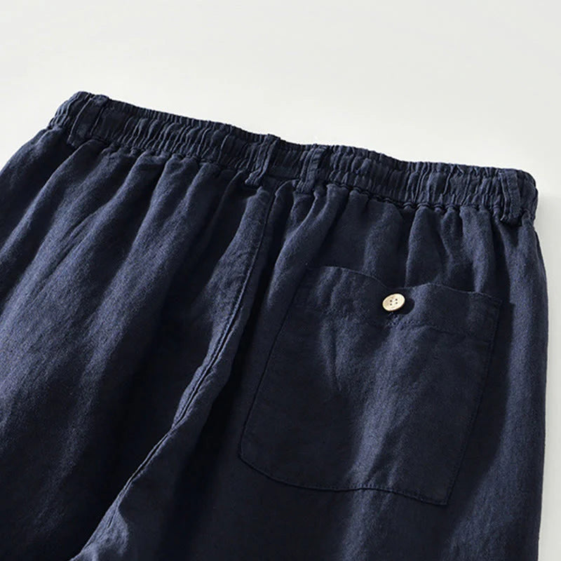 Buddha Stones Fall Solid Drawstring Elastic Waist Men's Linen Straight Leg Pants With Pockets