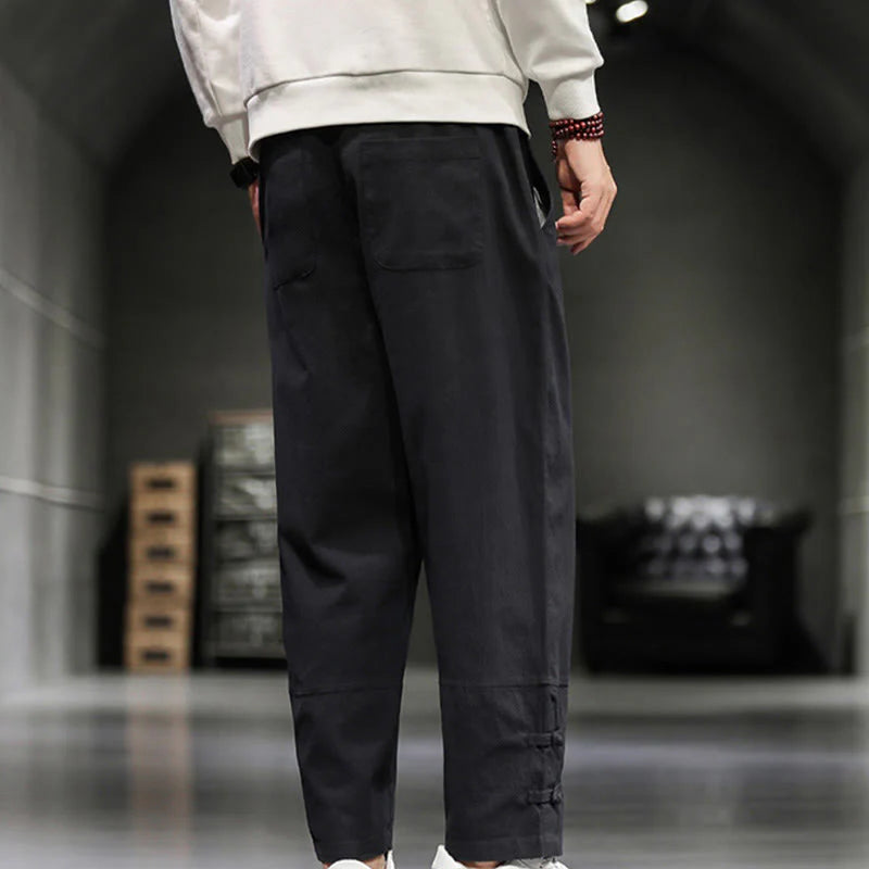 Buddha Stones Drawstring Elastic Waist Frog-Button Ankle-Length Men's Cotton Pants With Pockets