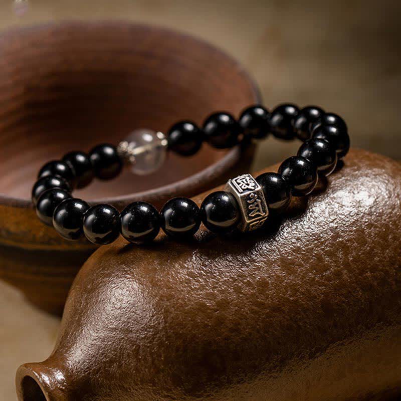 Buddha Stones Chinese Zodiac Natal Buddha 925 Sterling Silver Black Obsidian Moonstone Strength Bracelet