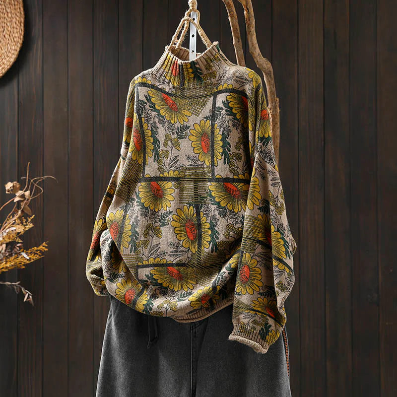 Buddha Stones Sunflower Pattern Mock Neck Long Sleeve Women's Cotton Sweater