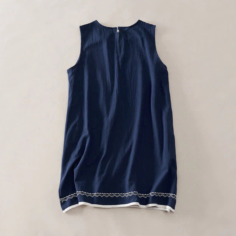 Buddha Stones Summer Embroidery Hem Back Zipper Design Sleeveless Solid Color Mini Dress With Pockets