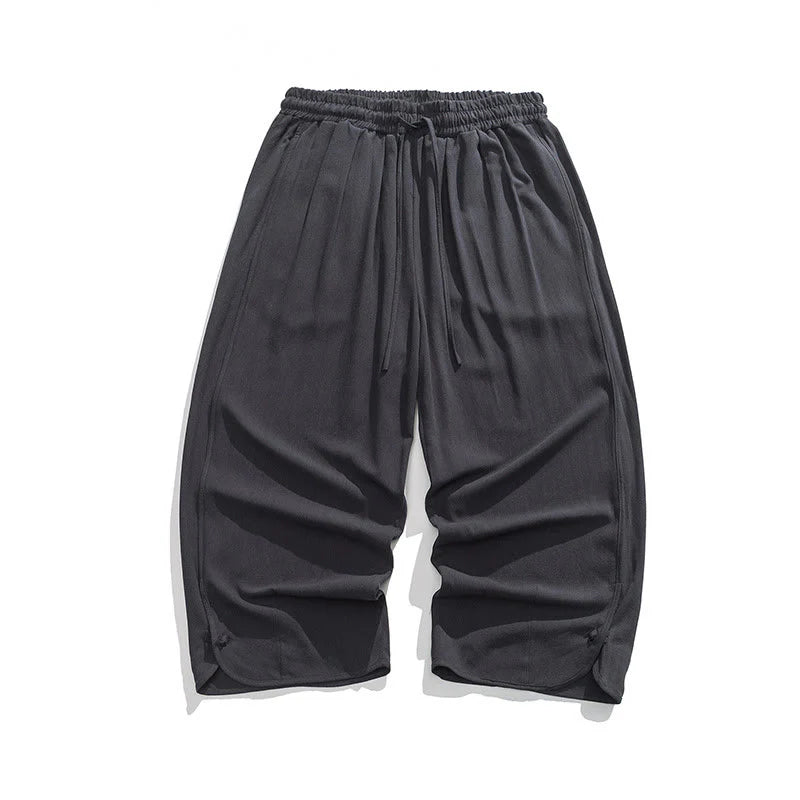 Buddha Stones Casual Loose Frog-Button Plain Men's Cotton Linen 7-8 Length Pants With Pockets