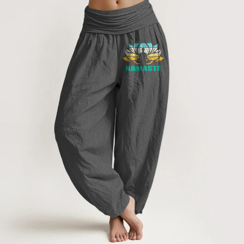 Buddha Stones Namaste Meditating Figure Lotus Pattern Women's Elastic Waist Harem Pure Cotton Pants
