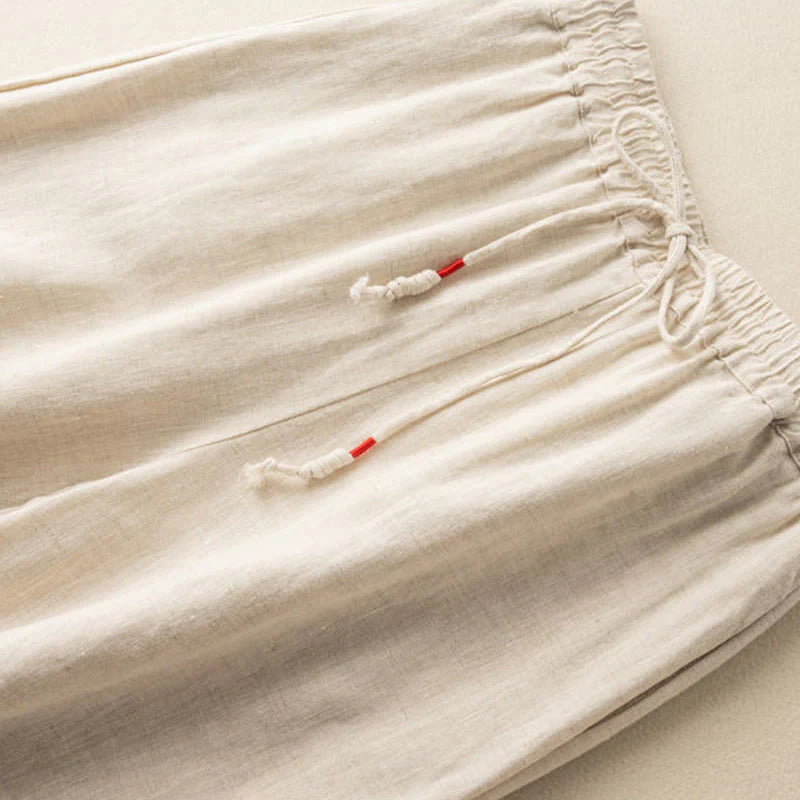 Buddha Stones Casual Embroidery Bohemian Pattern Drawstring Cotton Linen Women's Wide Leg Pants With Pockets