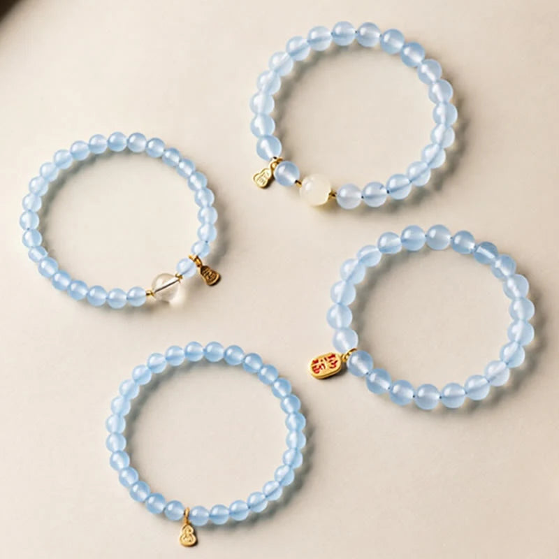 Buddha Stones Natural Aquamarine Fu Character Lucky Fortune Healing Bracelet