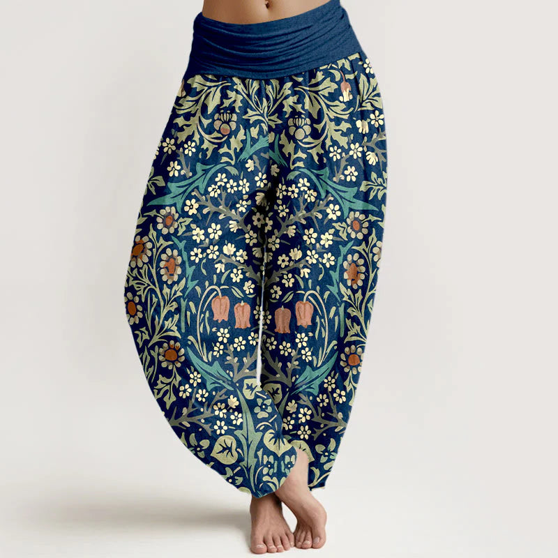 Buddha Stones Pure Cotton Retro Flowers Leaves Pattern Women's Elastic Waist Harem Pants
