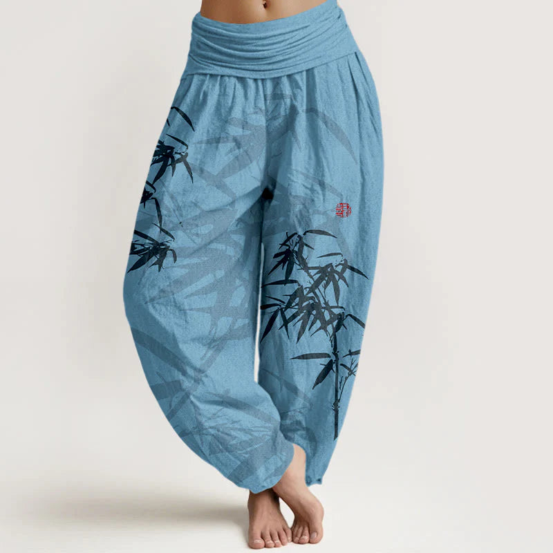 Buddha Stones Print Pure Cotton Bamboo Leaves Pattern Women's Elastic Waist Harem Pants