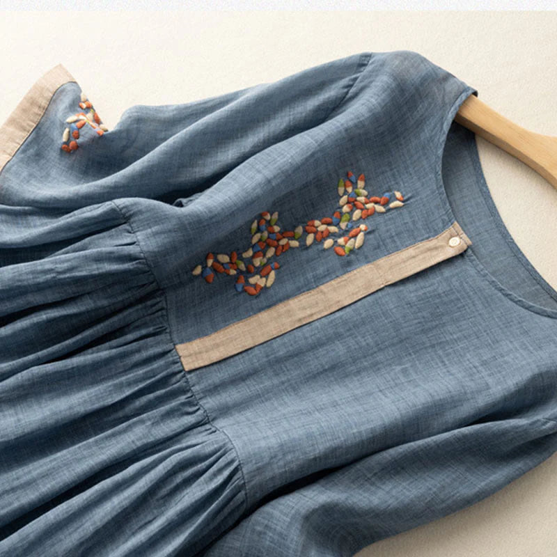 Buddha Stones Spring Ethnic Embroidery Half Sleeve Cotton Linen Women's Midi Dress