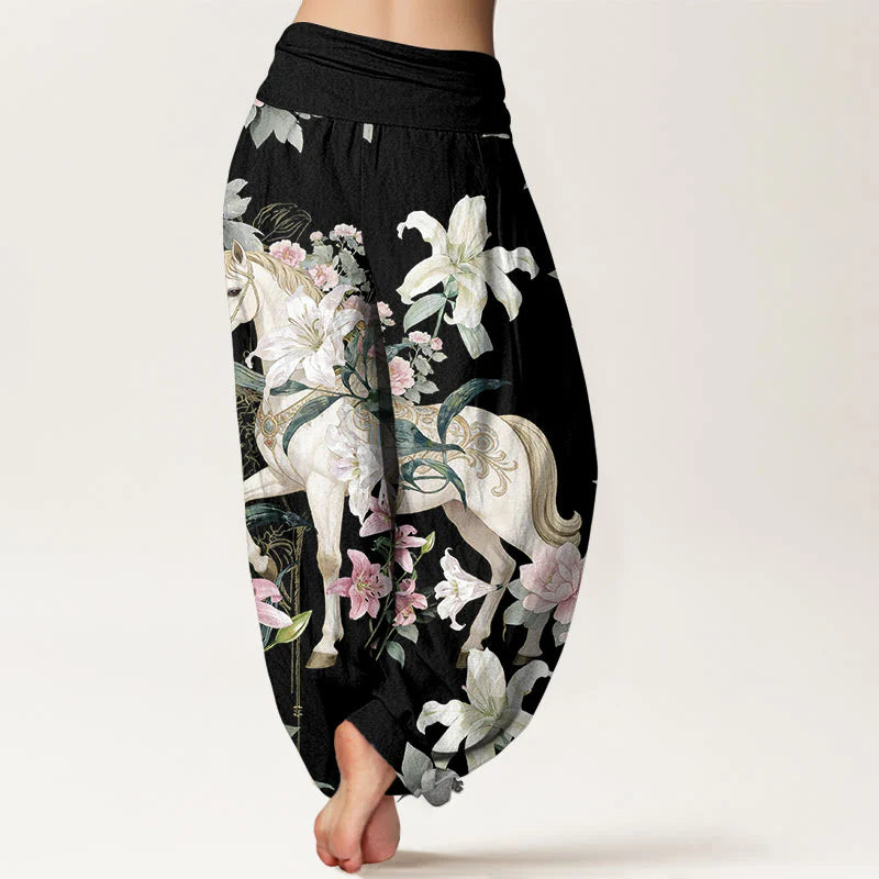 Buddha Stones Pure Cotton Romantic Horse Lily Peony Pattern Women's Elastic Waist Harem Pants