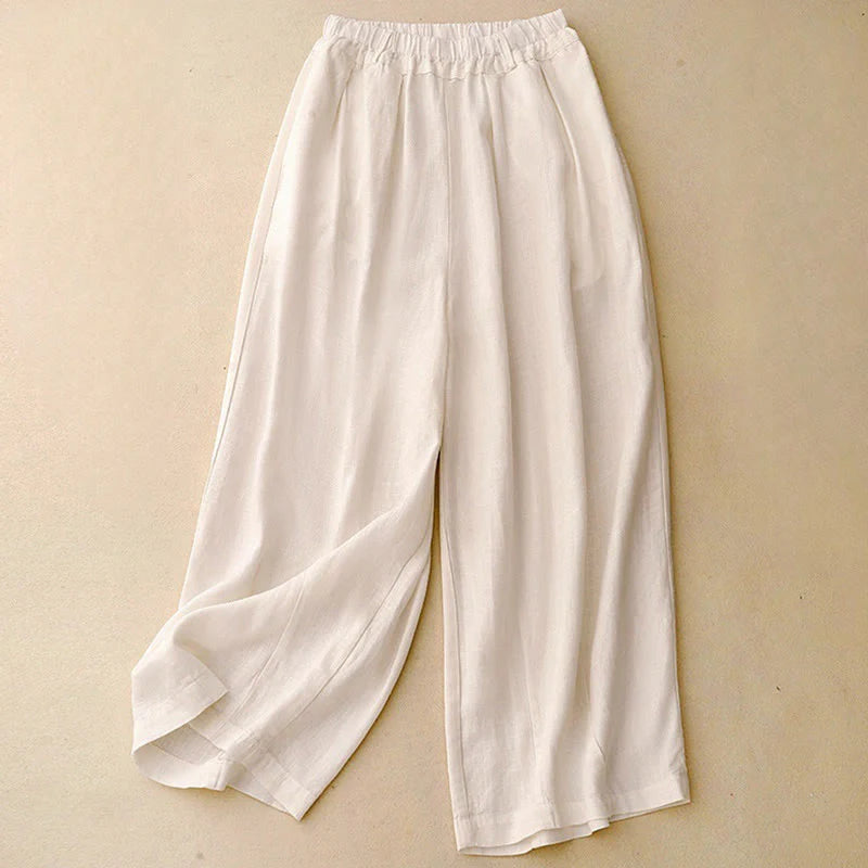 Buddha Stones Commute Vintage Solid Color Women's Wide Leg Cotton Pants With Pockets