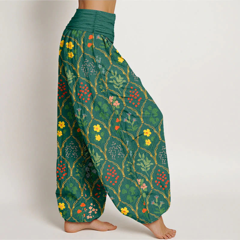 Buddha Stones Pure Cotton Brilliant Flowers Berries Leaves Pattern Women's Elastic Waist Harem Pants