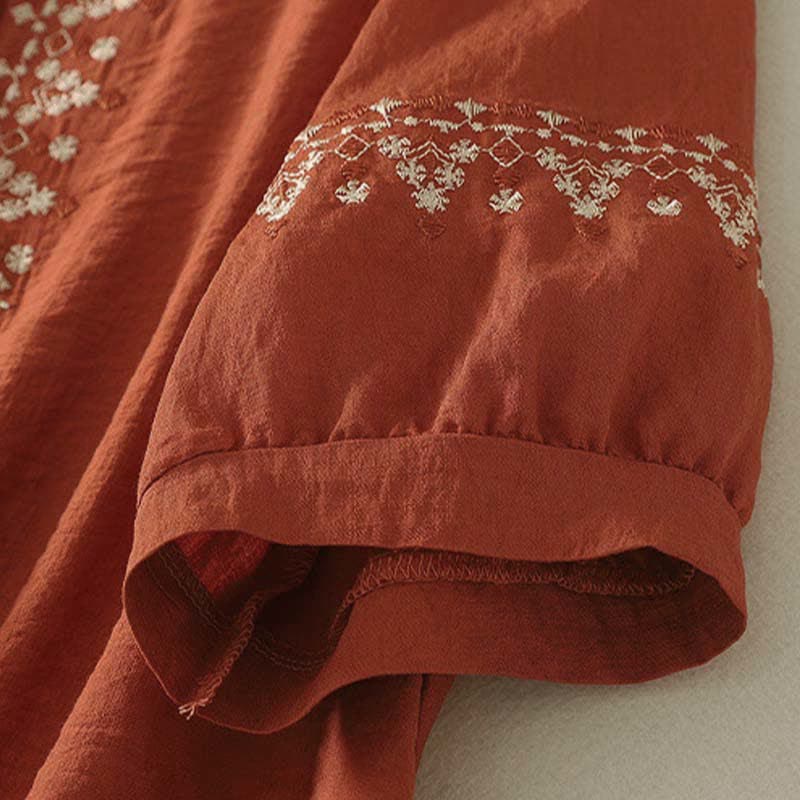 Buddha Stones Spring Embroidered Cotton Half Buttons Women's Short Sleeve Shirt