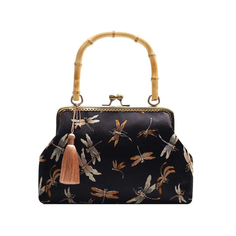 Buddha Stones Dragonfly Crane Bamboo Leaves Plum Blossom Bamboo Handles Handbag (Extra 30% Off | USE CODE: FS30)