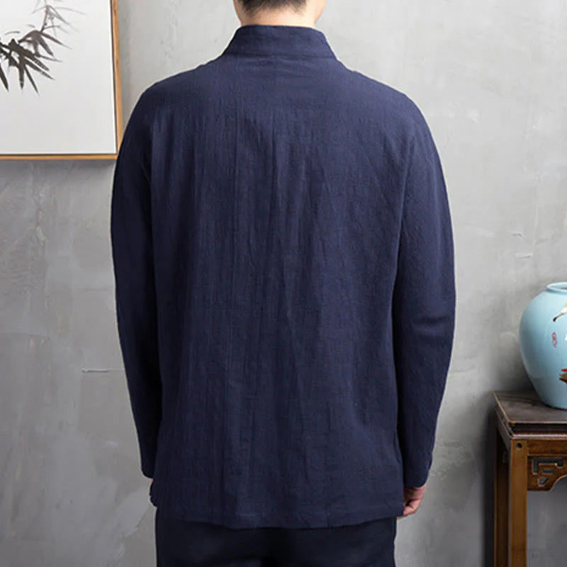 Buddha Stones Solid Color Casual Frog-button Men's Shirt Clothing