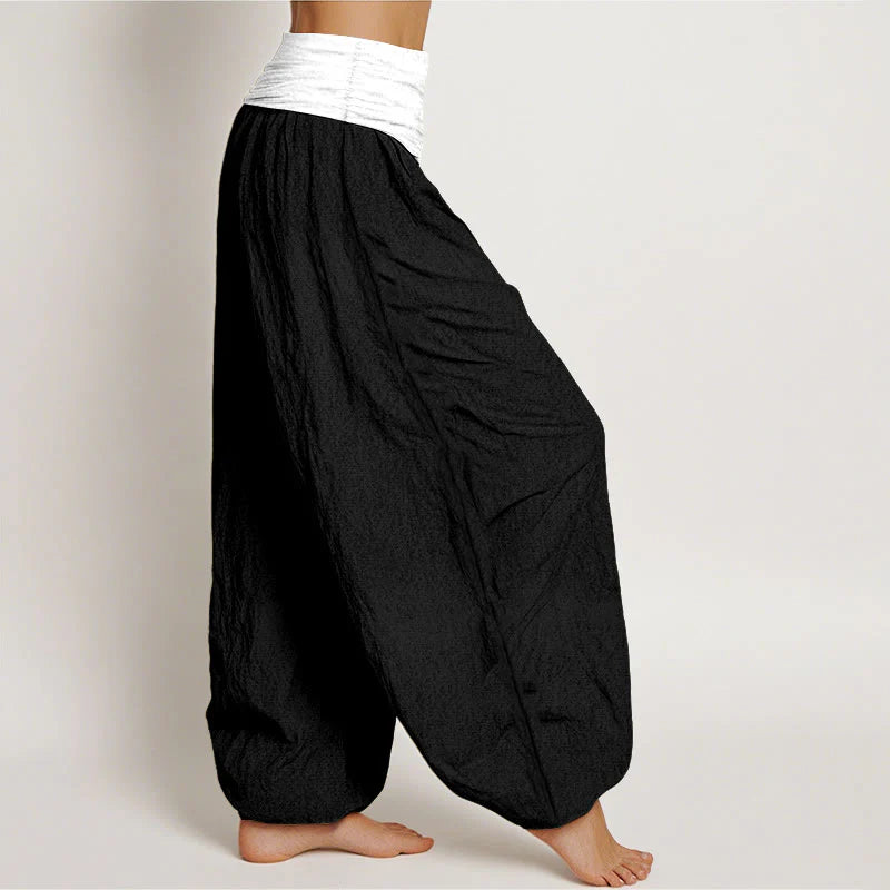 Buddha Stones Cotton Blue Black Gray Solid Color Women's Elastic Waist Harem Pants