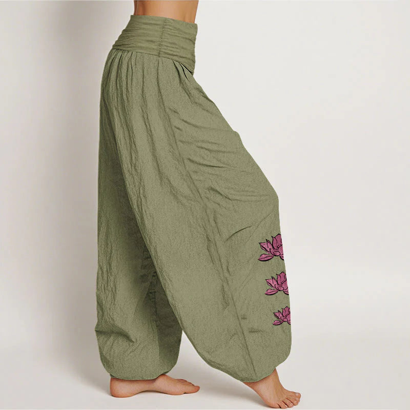 Buddha Stones Casual Lotus Pattern Pure Cotton Women's Elastic Waist Harem Pants