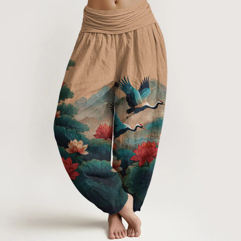 Buddha Stones Cotton Classical Lotus Flower Leaf Crane Mountain Pattern Women's Elastic Waist Harem Pants