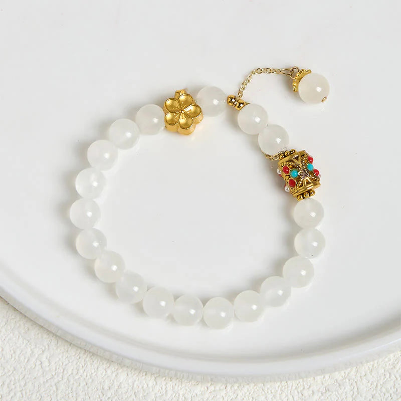 Buddha Stones Tibetan White Agate Crystal Stone Flowers Positivity Bracelet