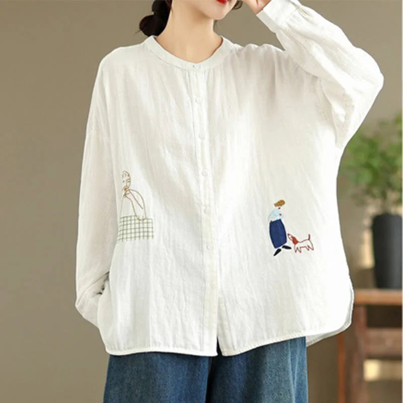 Buddha Stones Fall Embroidery Human Figure Dog Pattern Round Neck Buttons Women's Long Sleeve Shirt