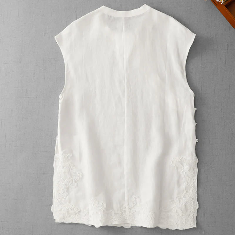Buddha Stones Chinese Frog-Button Lace Patchwork Design Stand Collar Women's Cotton Sleeveless Vest