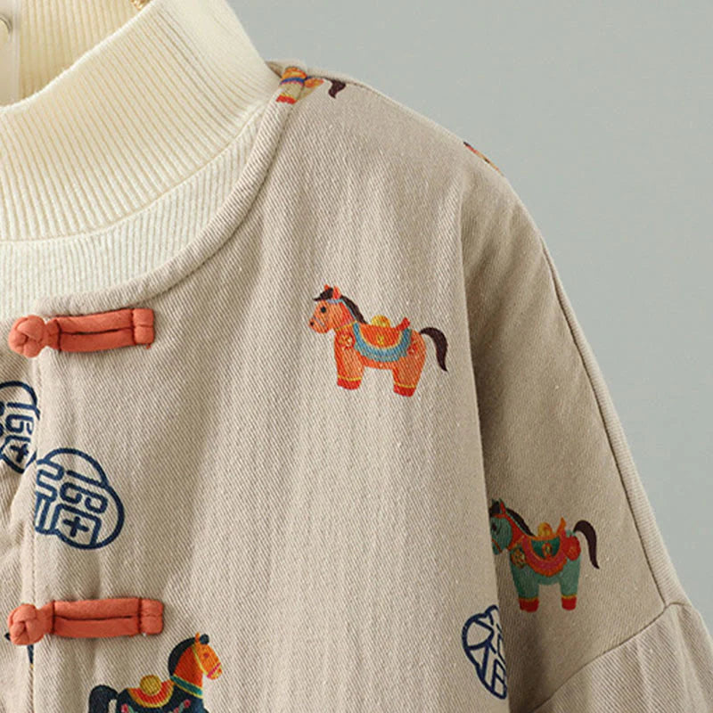 Buddha Stones Horse Fu Character Pattern Frog-Button Design Women's Long Sleeve Thickened Jacket