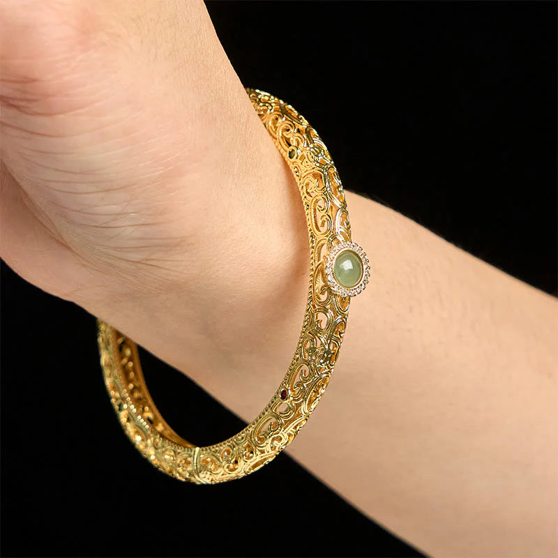 Buddha Stones Cloud Pattern Jade Copper Luck Bracelet Bangle 2.36 IN (60 MM)