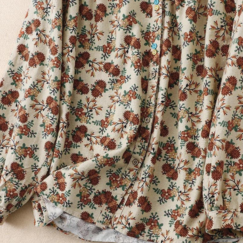 Buddha Stones Fall Floral Print Buttons Down Design Women's Cotton Long Sleeve Shirt