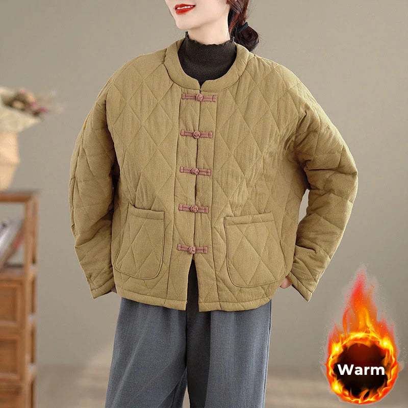 Buddha Stones Winter Frog-Button Diamond-shaped Lines Cotton Long Sleeve Women's Thermal Jacket With Pockets