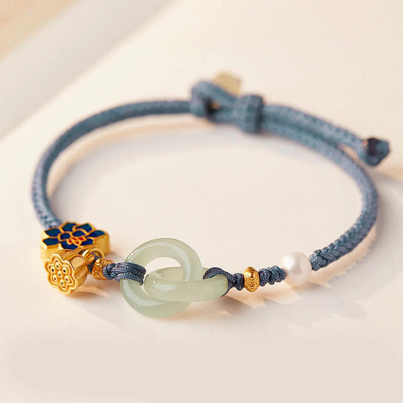 Buddha Stones Hetian Jade Lotus Peace Buckle Braided Rope Fortune Bracelet