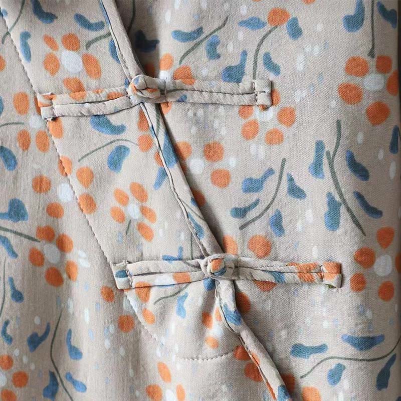 Buddha Stones Winter Flower Green Leaves Frog-Button Stand Collar Long Sleeve Women's Cotton Shirt