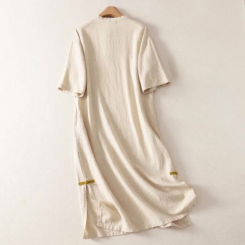 Buddha Stones Spring Frog-Button Knee Length Cotton Women's Short Sleeve Dress With Pockets