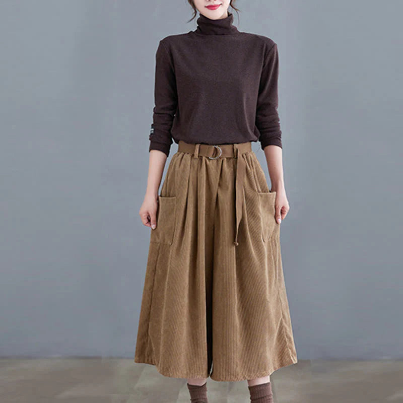 Buddha Stones Retro Women's Wide Leg 7-8 Length Corduroy Pants With Pockets Belt