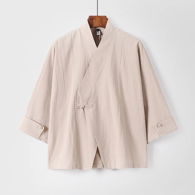 Buddha Stones Plain One Chinese Frog-Button Jacket Cotton Linen Men's Half Sleeve Kimono