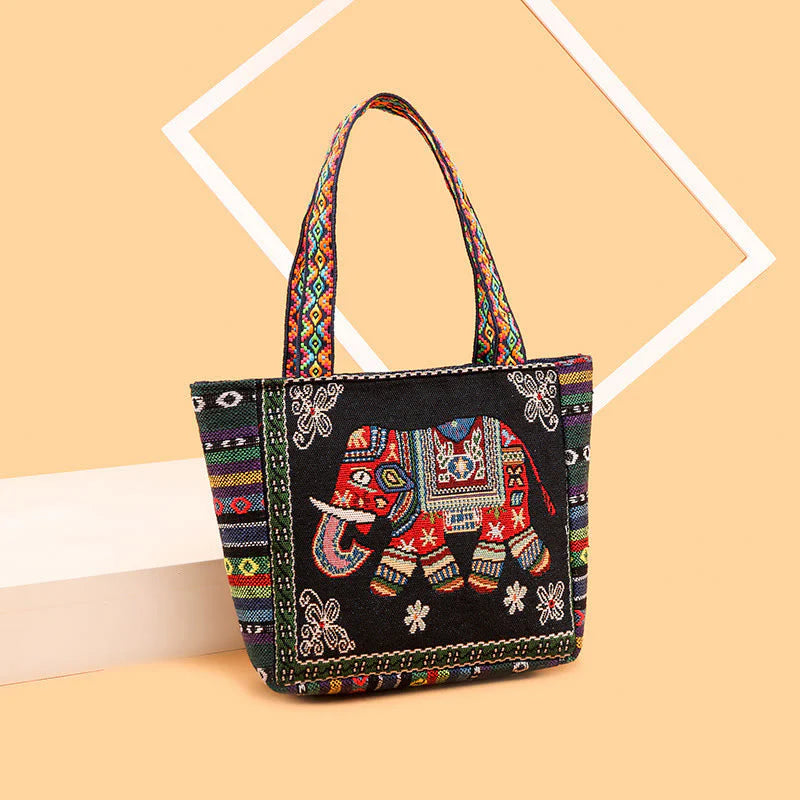 Buddha Stones Elephant Butterfly Embroidered Large Capacity Canvas Tote Bag Shoulder Bag