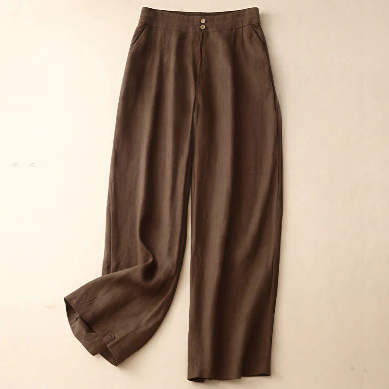Buddha Stones Summer Casual Simple Design Linen Women's Wide Leg Pants With Zipper Pockets