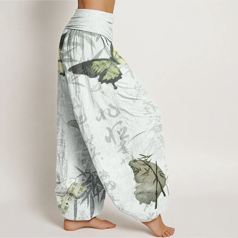 Buddha Stones Cotton Butterfly Bamboo Leaves Chinese Characters Pattern Women's Elastic Waist Harem Pants