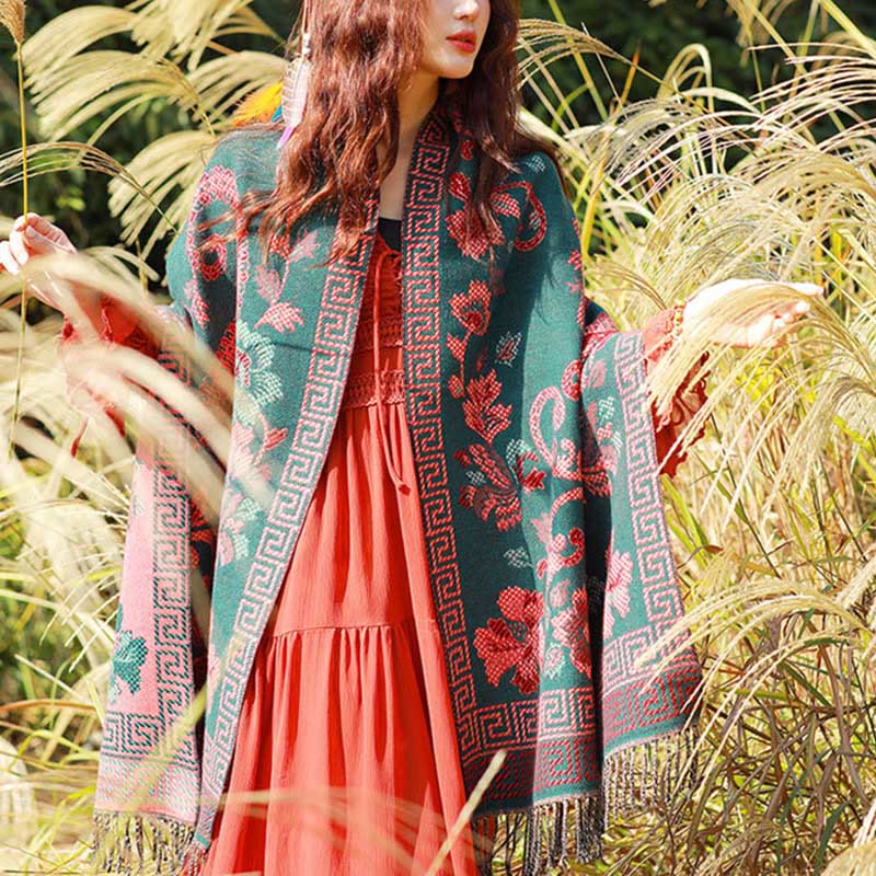Buddha Stones Jacquard Ethnic Paisley Plants Pattern Tassel Soft Thermal Scarf Shawl