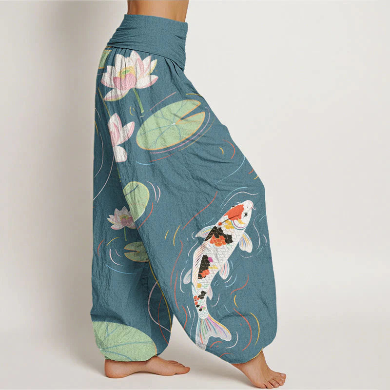 Buddha Stones Cotton Lotus Flower Lotus Leaves Koi Fish Water Ripples Pattern Women's Elastic Waist Harem Pants