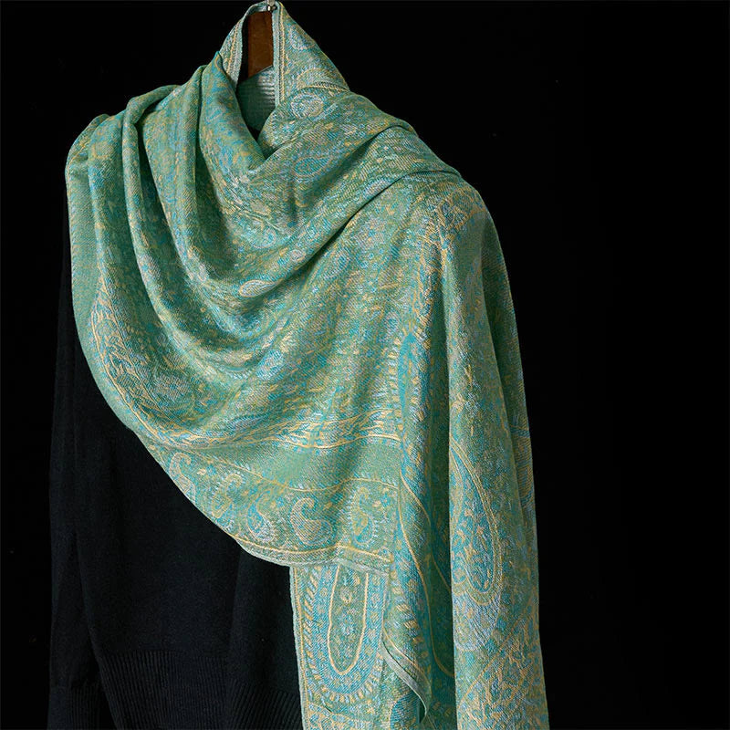 Buddha Stones Spring Green Cashew Flower Geometric Stripes Pattern Tassel Cozy Scarf Shawl
