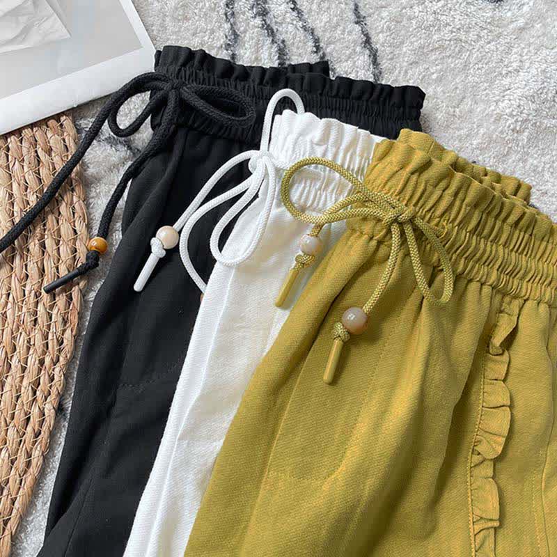 Buddha Stones Summer Drawstring Ruffle Elastic Waist Women's Shorts With Pockets