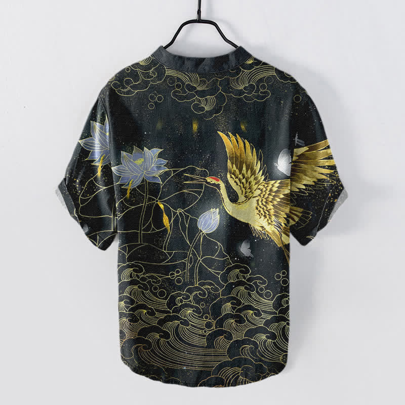 Buddha Stones Cotton Crane Wave Lotus Cloud Pattern Men's Short Sleeve Half Button Shirt