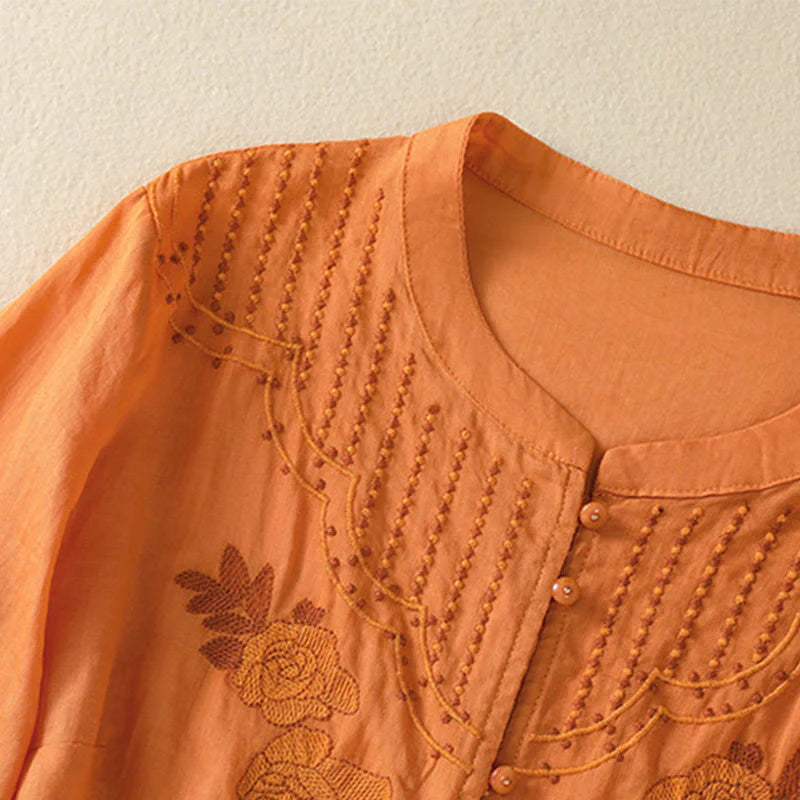 Buddha Stones Rose Floral Embroidery Button Half Sleeve Women's Cotton Shirt