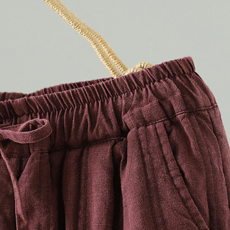 Buddha Stones Daily Plain Drawstring Design Women's Harem Elastic Waist Cotton Pants With Pockets