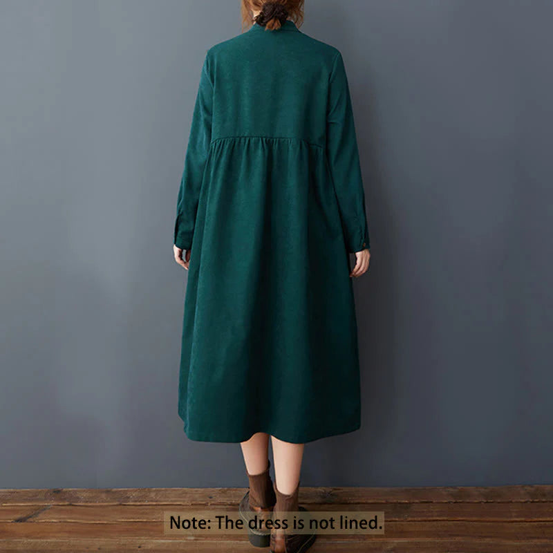 Buddha Stones Plain Buttons Design Thermal Cotton Linen Long Sleeve Midi Dress With Pockets